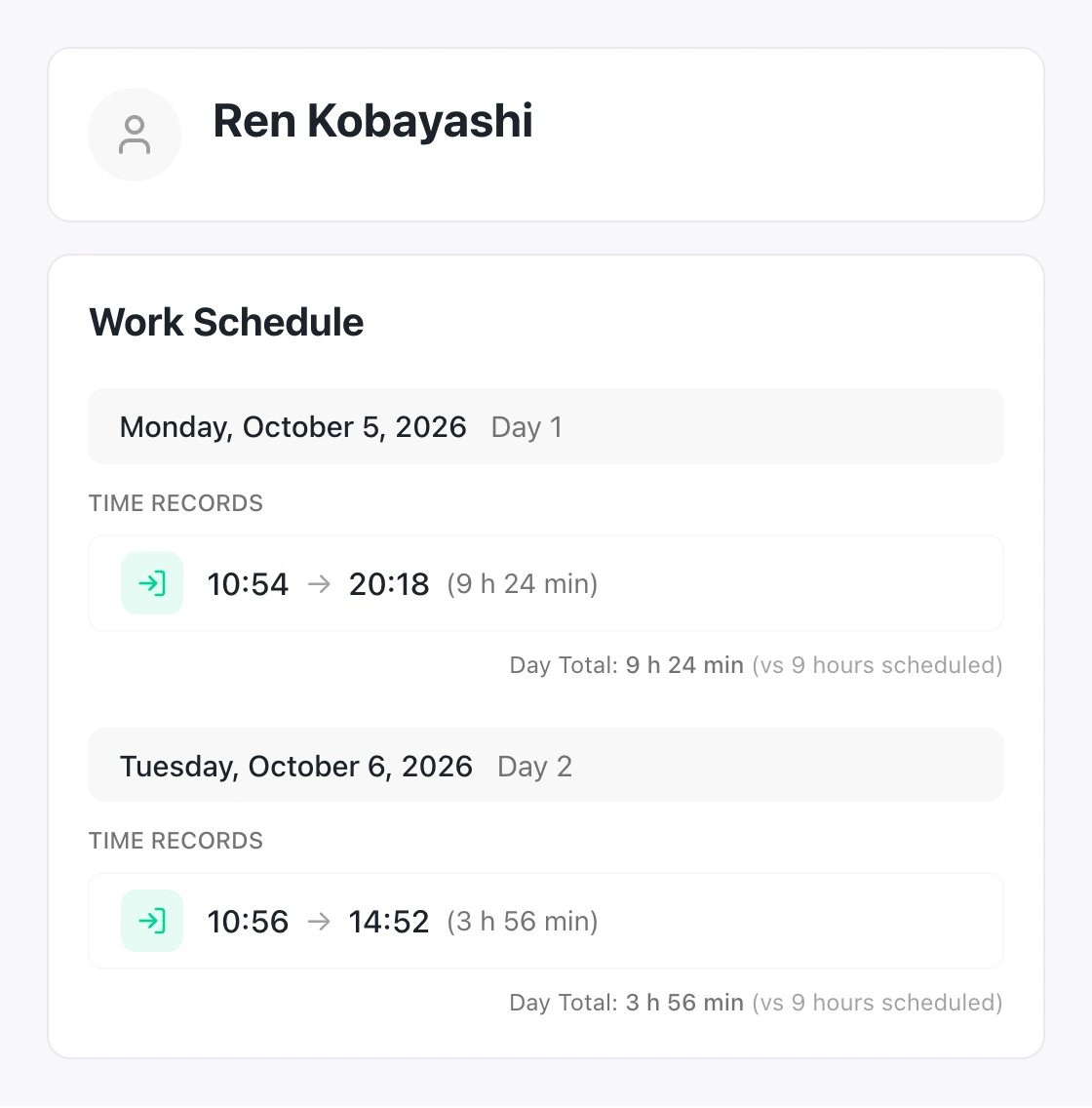Ren Kobayashi's native Odaiba time records pairing 10:54 with 20:18 for 9 hours 24 minutes and 10:56 with 14:52 for 3 hours 56 minutes.