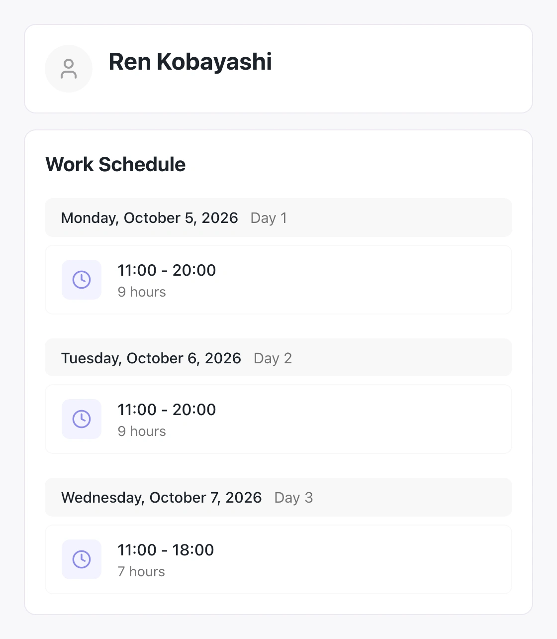 Ren Kobayashi's native three-day work schedule for Odaiba Market, with 11:00 to 20:00 shifts on October 5 and 6 and 11:00 to 18:00 on October 7.