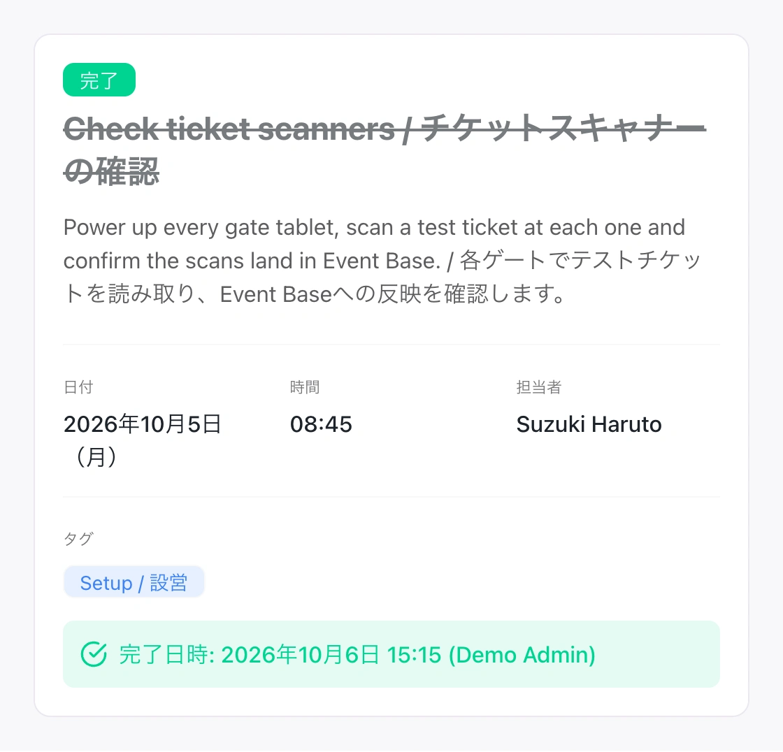 チケットスキャナーの確認タスク。担当者Haruto Suzuki、予定時刻08:45、Demo Adminによる完了日時を表示。