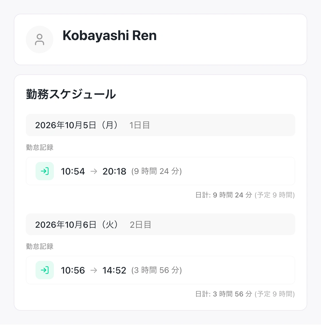 Ren Kobayashiの勤怠記録。10:54から20:18までの9時間24分と、10:56から14:52までの3時間56分を表示。