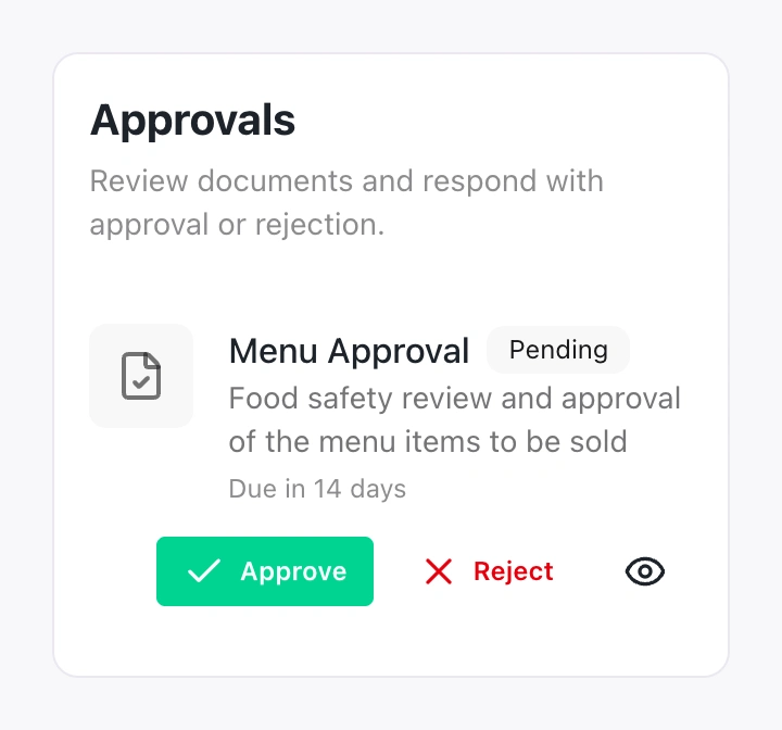 Native participant Menu Approval request, pending with a due date and approve or reject response controls.