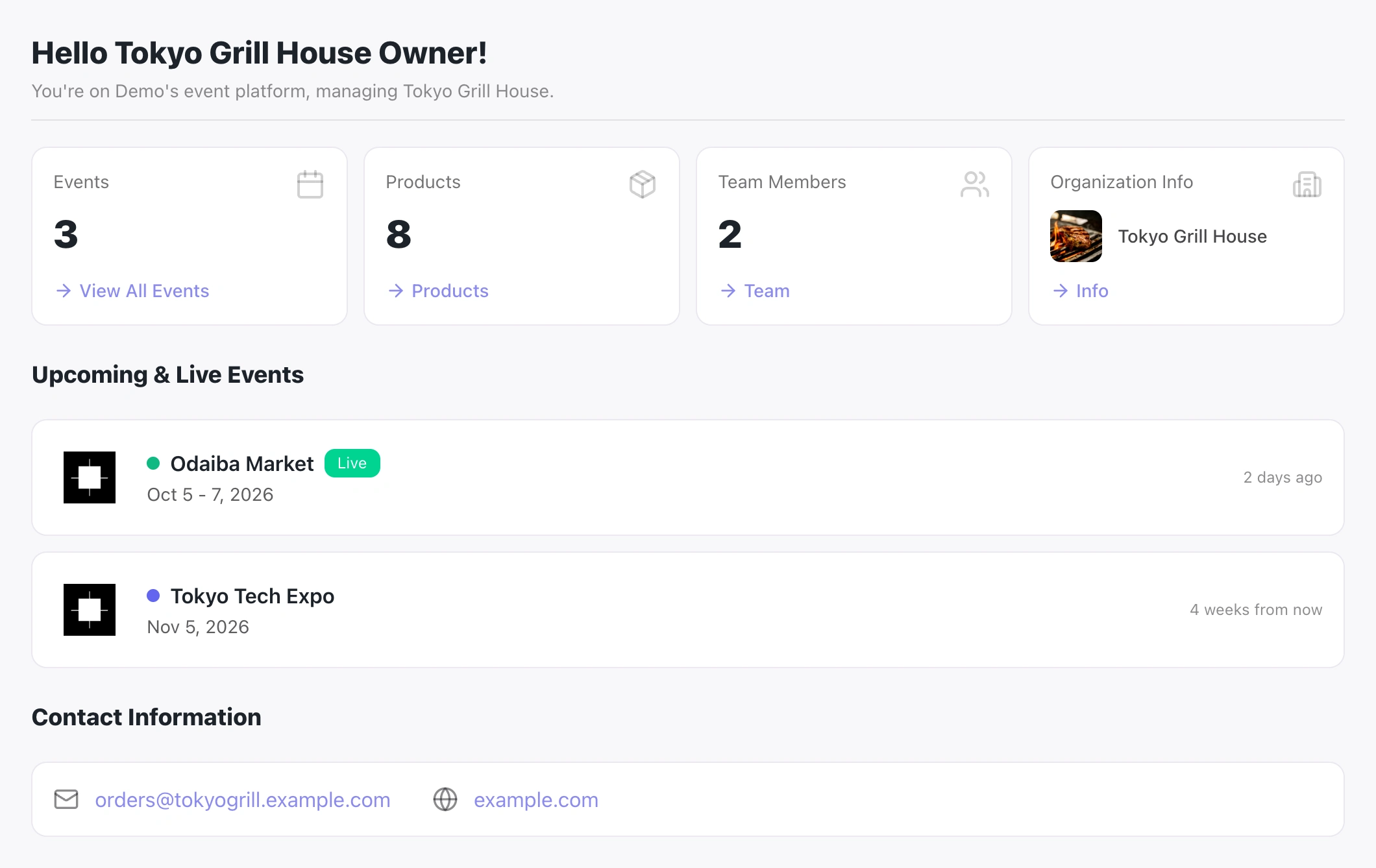 Tokyo Grill House Owner’s native Participant Portal dashboard, showing three events, eight products, two team members, organisation information and the upcoming Odaiba Market and Tokyo Tech Expo events.