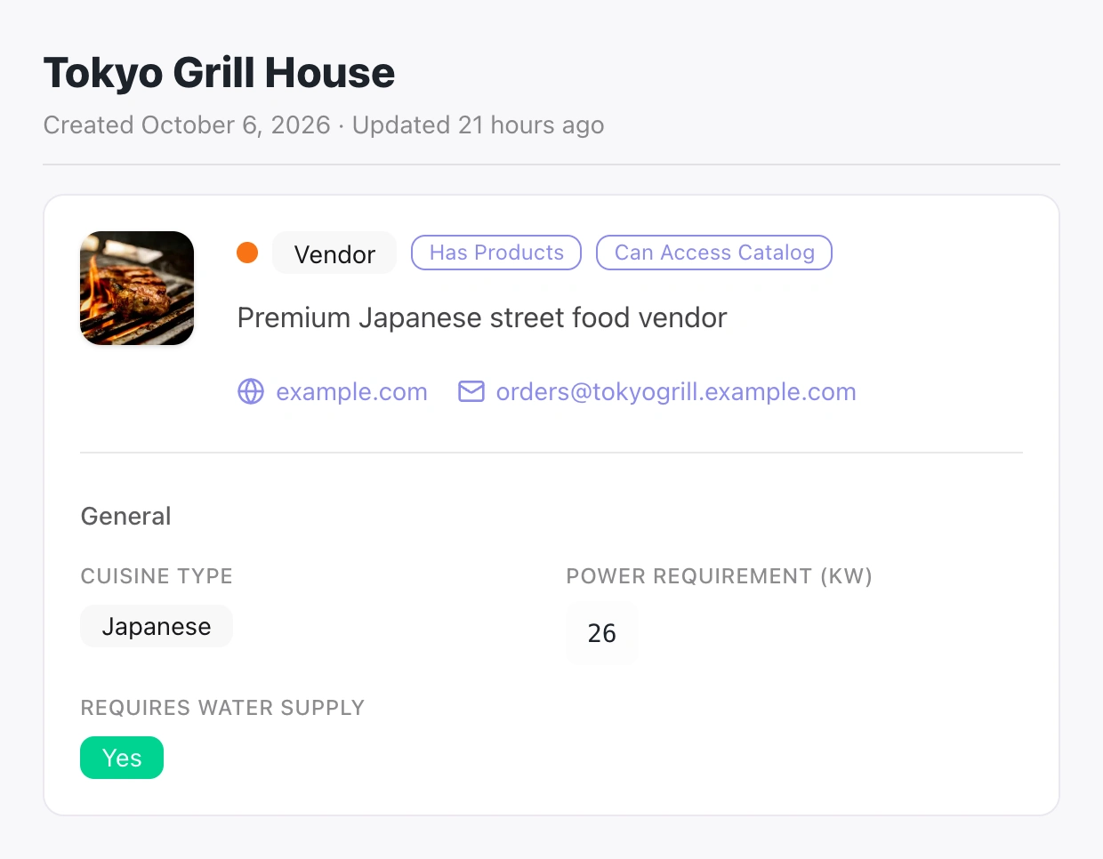 Tokyo Grill House's native organisation record, showing its vendor type, logo, demonstration contact details, Japanese cuisine, power requirement and water requirement.