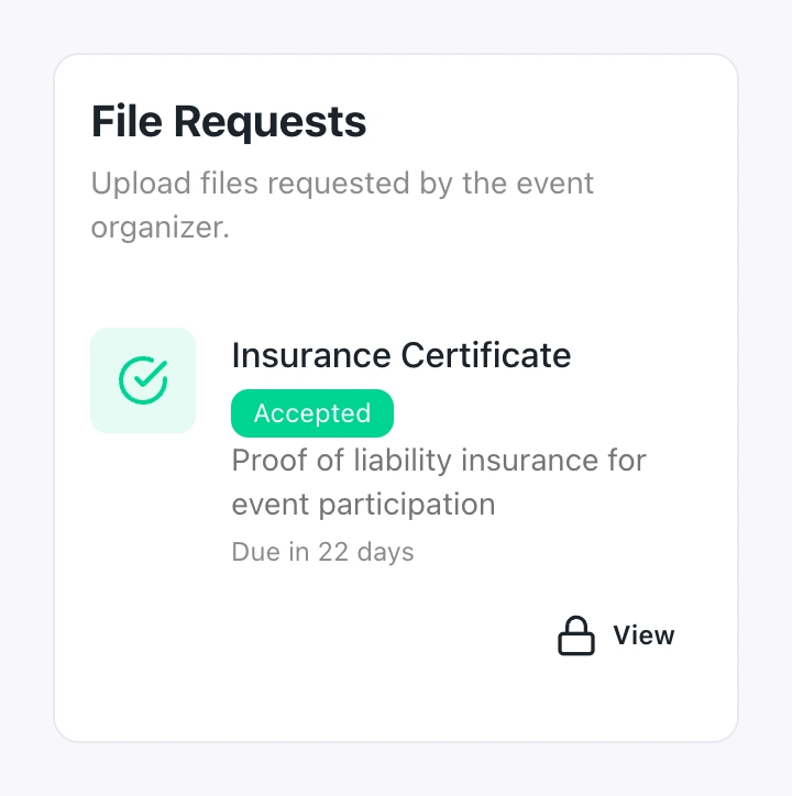 Native participant file request for an Insurance Certificate, accepted by the organiser with its deadline and locked view control.