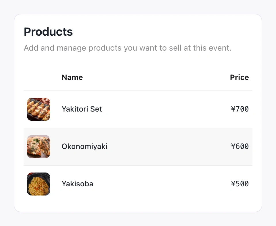 Three native participant event products with photographs and JPY prices: Yakitori Set, Okonomiyaki and Yakisoba.