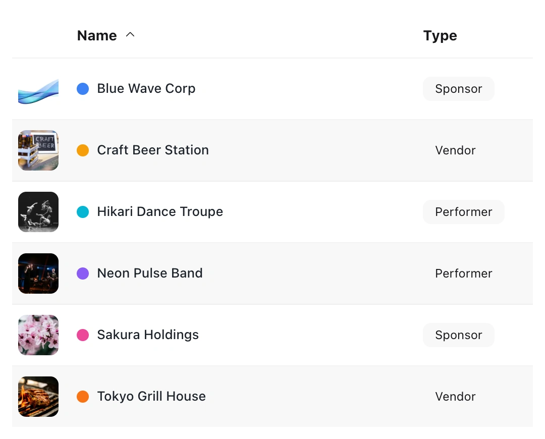 Native participant roster showing six vendors, sponsors and performers with their logos, names and participant types.