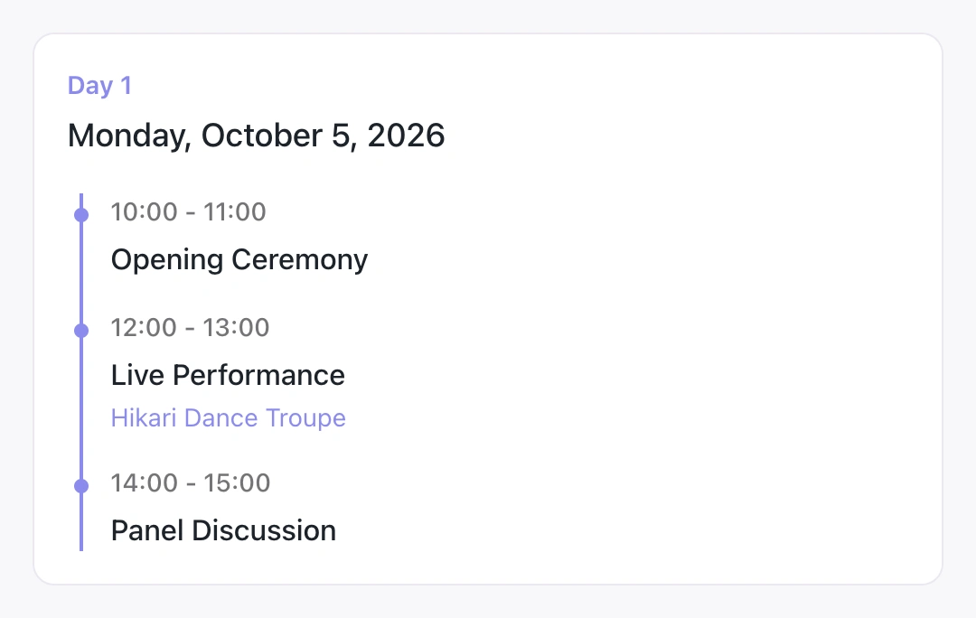 Native Odaiba Market timeline showing Opening Ceremony, Live Performance with Hikari Dance Troupe, and Panel Discussion with their scheduled times.