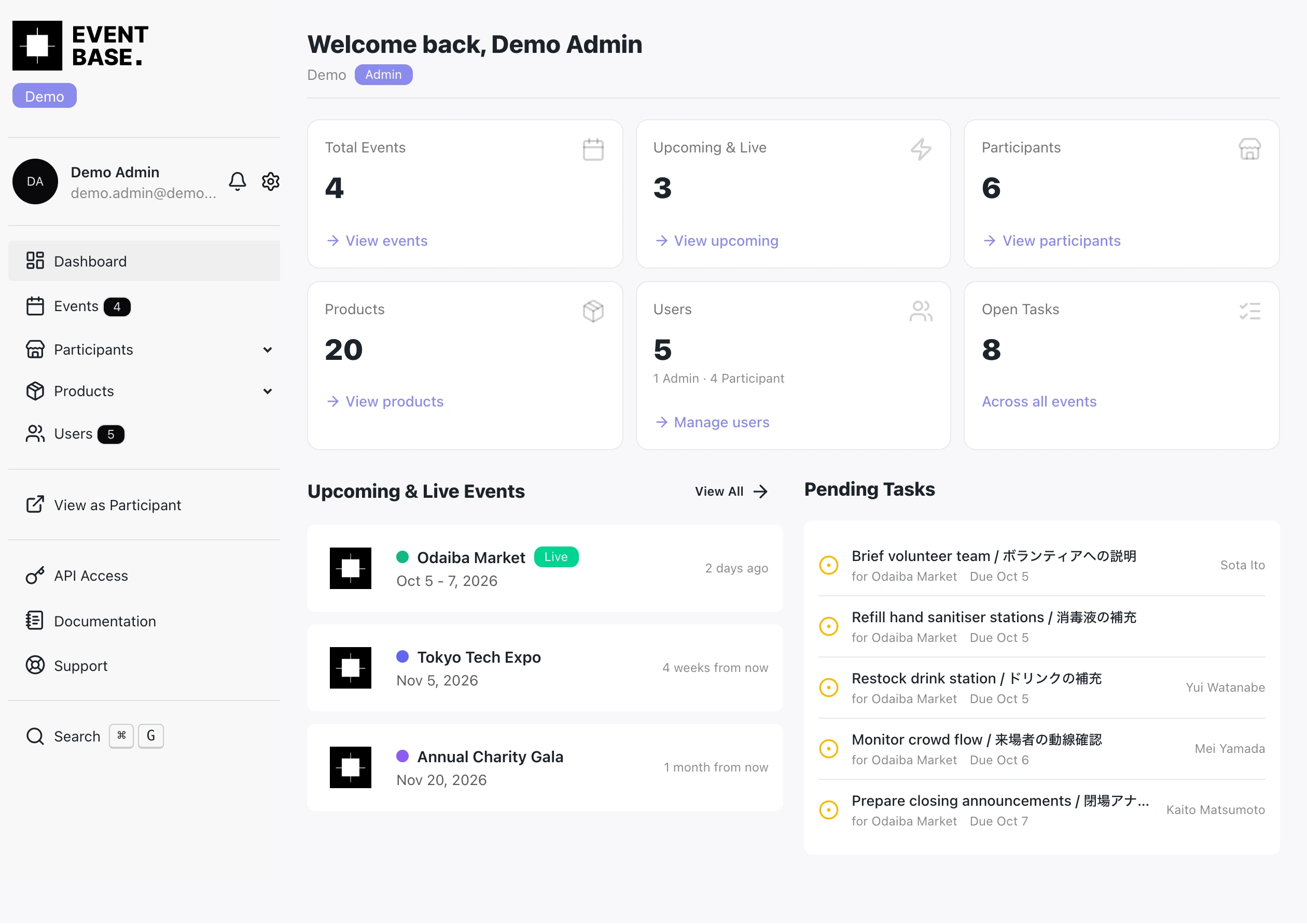 Native Event Base team dashboard with six summary cards, Odaiba Market, Tokyo Tech Expo, Annual Charity Gala and pending tasks.