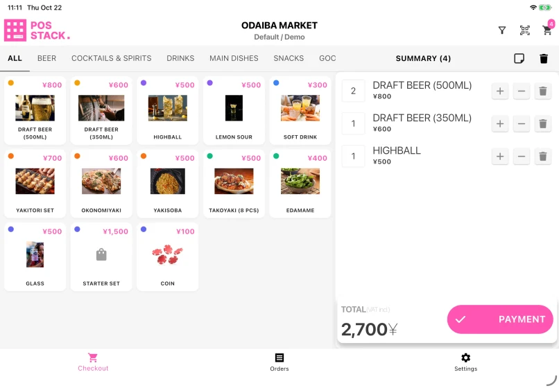 POS Stack · POS Stack cart with four items and a ¥2,700 total. Demonstration data.