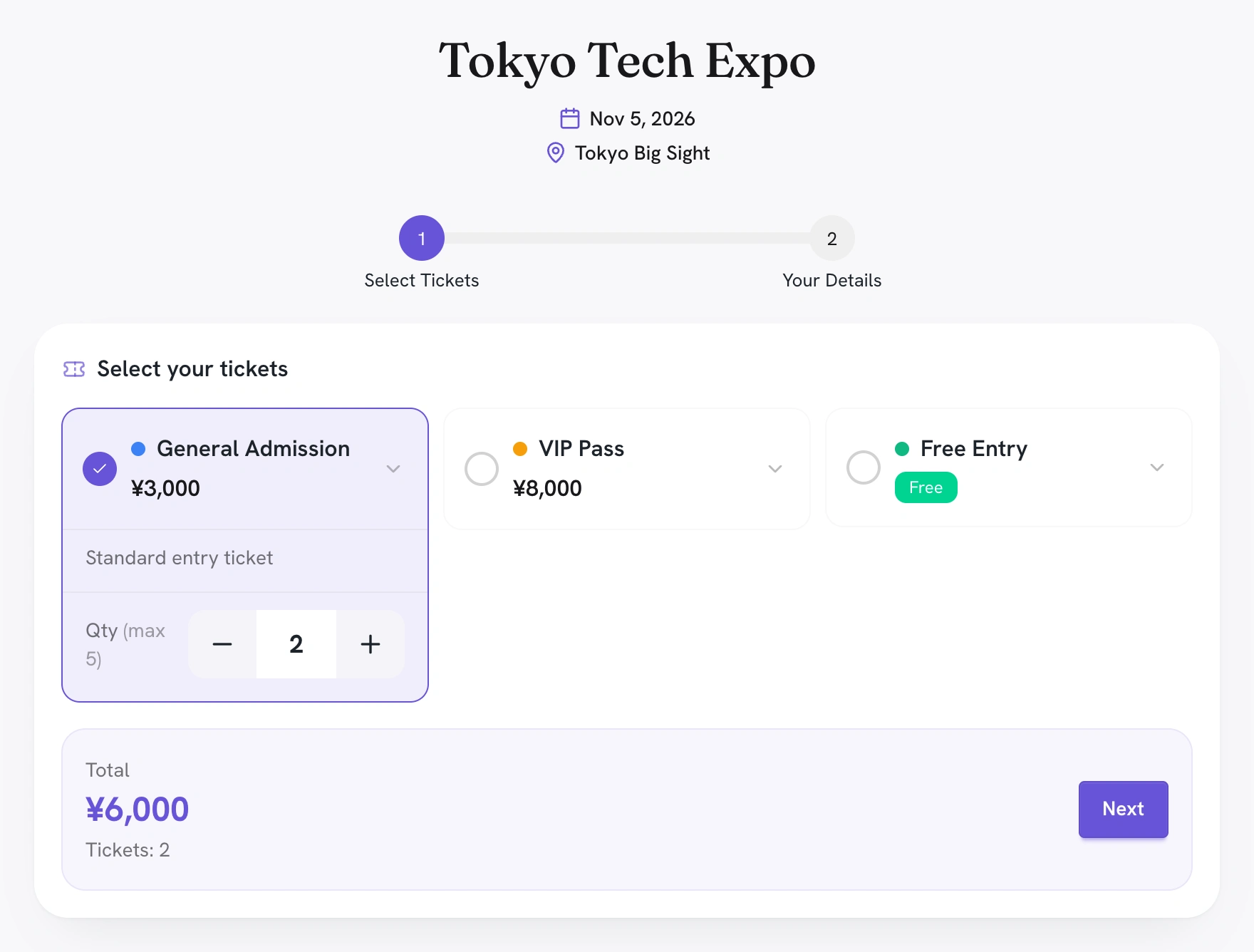 Tokyo Tech Expo registration with two General Admission tickets selected for ¥6,000.