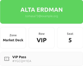 Enlarged Access Stack ticket for Alta Erdman: Market Deck, VIP row, seat 5 and VIP Pass.