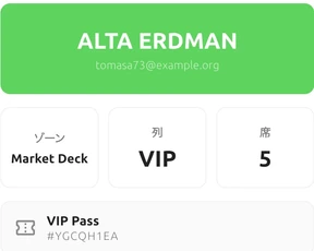 Access Stackのチケット詳細。Alta Erdman、Market Deck、VIP列、座席5とVIP Pass。