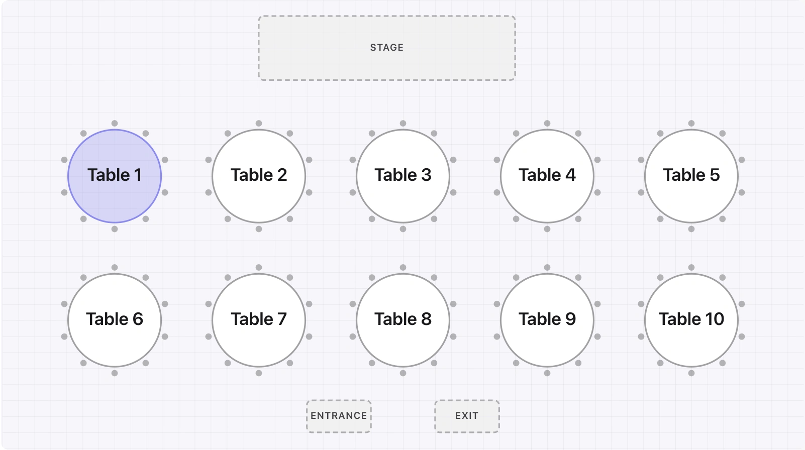 Complete gala floorplan with ten tables of ten seats, a stage, entrance and exit. Table 1 is selected.