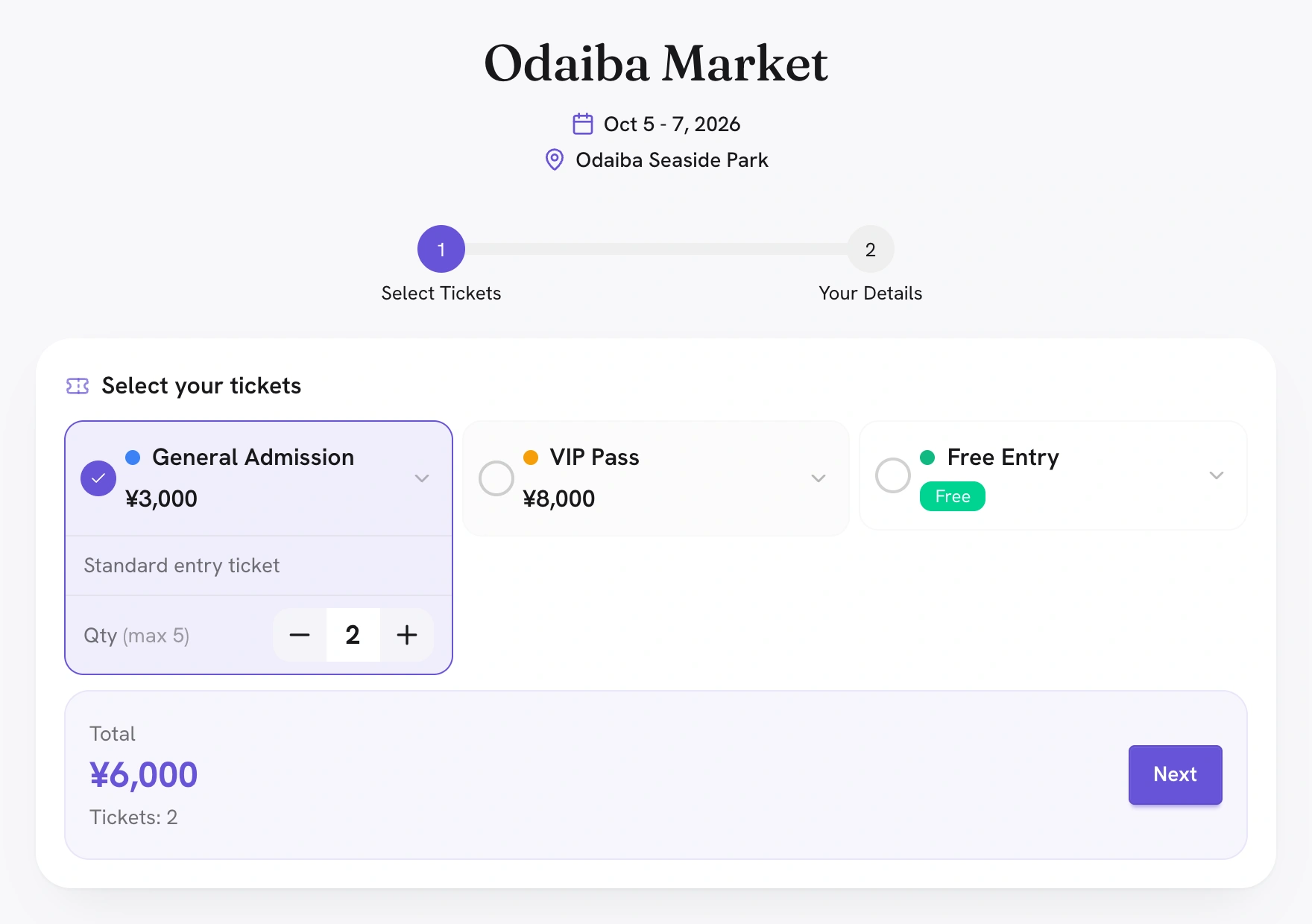 Odaiba Market registration with two General Admission tickets selected, totalling ¥6,000.