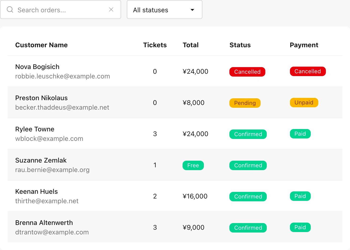 Real Event Base order list filtered to show the pending registration.