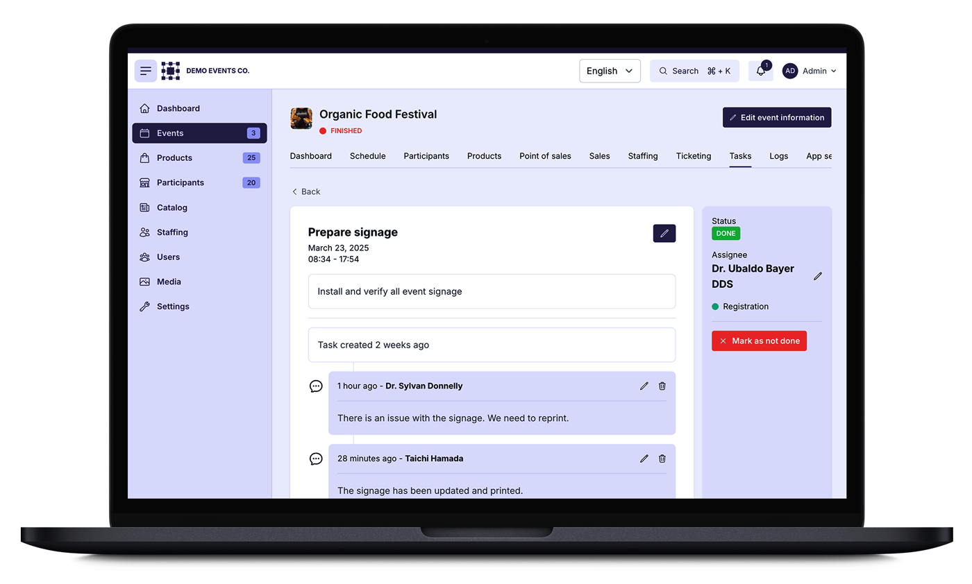 View complete task history and comments in Event Base