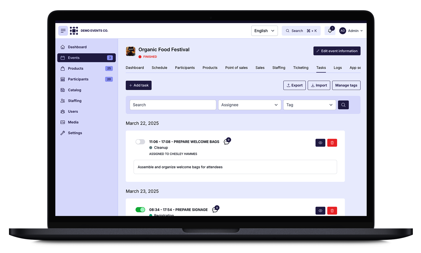 Create and assign tasks to Event Base staff