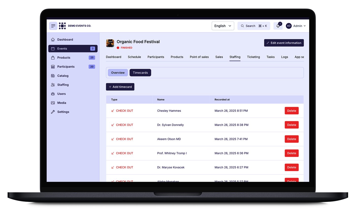 Monitor all event timecards in real-time